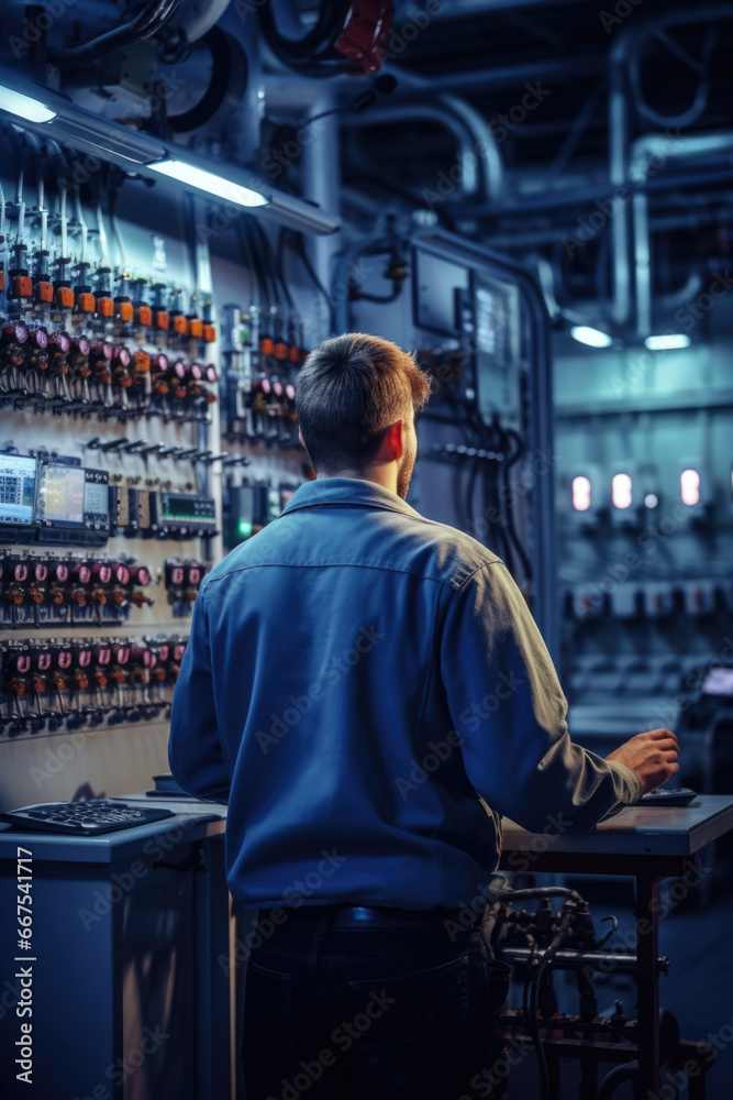 Poster A man can be seen working on a computer in a factory. This image can be used to depict technology and automation in industrial settings