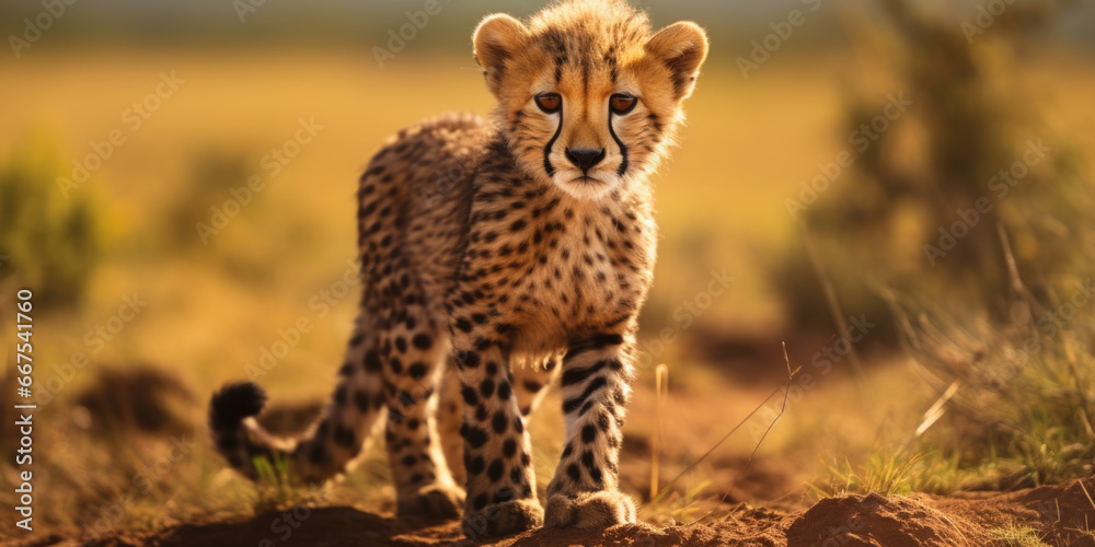 Poster a cheetah is captured in motion as it walks gracefully across a dirt field. this image can be used t