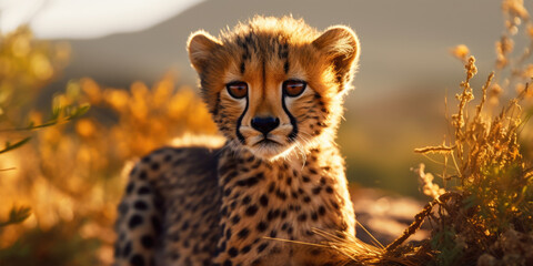 A cheetah sitting in a field of tall grass. Perfect for nature and wildlife enthusiasts - obrazy, fototapety, plakaty
