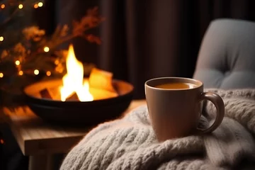 Selbstklebende Fototapeten A mug of hot tea stands on a chair with a woolen blanket in a cozy living room with a fireplace. Cozy winter day © JAYDESIGNZ
