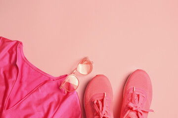 Stylish sunglasses, pink sneakers and t-shirt on color background, flat lay. Space for text - obrazy, fototapety, plakaty