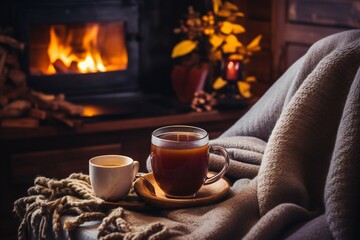A mug of hot tea stands on a chair with a woolen blanket in a cozy living room with a fireplace. Cozy winter day