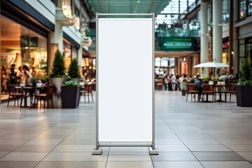 roll up mockup poster stand in an shopping center or mall environment as wide banner design with blank empty copy space area - obrazy, fototapety, plakaty