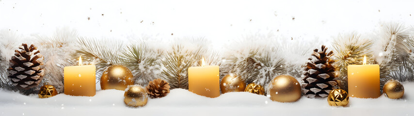 Fototapeta na wymiar Golden Christmas candles, balls and pine cones in a row with spruce branches covered with snow and snowfall on abstract background in winter. Horizontal composition.