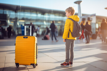 Photo of young boy at airport terminal with yellow baggage