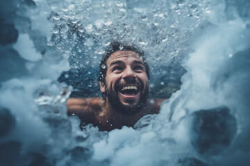 Photo of male in ice water in winter - obrazy, fototapety, plakaty