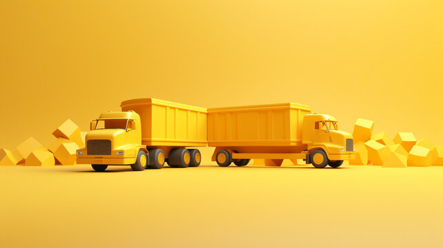 3d yellow Big rig haul semi truck with container on the construction site with copy space
