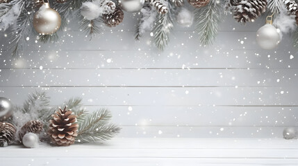 Silver Christmas balls, pine cones and branches in a row with spruce branches covered with snow and snowfall on white wooden board background in winter.