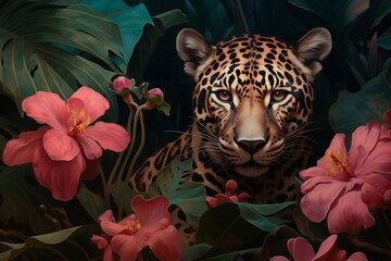 Illustration of an oil painting portrait of a leopard among roses and palm leaves