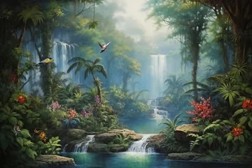  wallpaper jungle and leaves tropical forest mural river and birds butterflies old drawing vintage background © JAYDESIGNZ