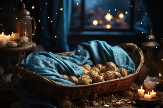 Birth of Jesus Christ with manger in snowy night
