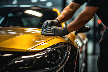 Car detailing series : Worker in protective gloves polishing a car
