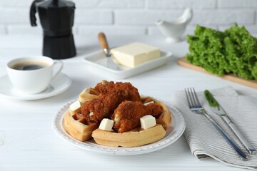 Delicious Belgium waffles served with fried chicken and butter on white table