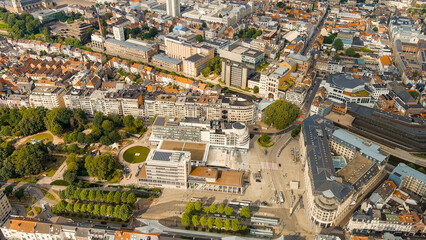 Ghent, Belgium. Zuid park. Panorama of the central city from the air. Cloudy weather, summer day, Aerial View