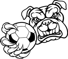 A bulldog dog animal sports mascot holding soccer football ball