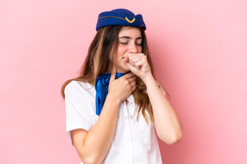 Airplane stewardess caucasian woman isolated on pink background is suffering with cough and feeling...