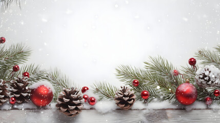 Red Christmas balls, spruce branches and pine cones covered with snow and snowfall on white wooden board background. Horizontal composition, flat lay, white space for text.