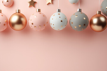 minimalism New Year's wallpaper. Christmas tree decorations on a pastel color background. copy space