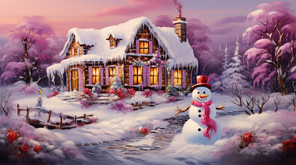 Winter fantasy landscape with christmas house and snowman in the forest as wallpaper background illustration