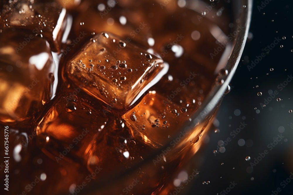 Poster Generative AI : macro soft drink,Glass of tasty refreshing cola with ice cubes on black background, closeup,Cola close-up
