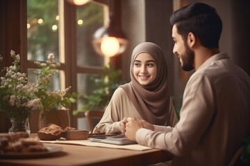 Generative AI : Muslim family having dinner, Arabian family eating iftar in Ramadan. Break fasting...