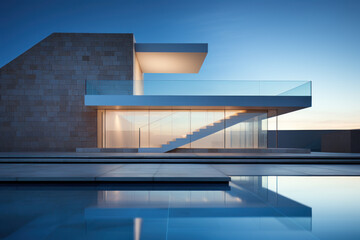 architecture minimaliste et moderne d'une grande villa avec escalier et baie vitrées