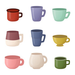 Set of colourful tea coffee mug and cup in flat style isolated on white