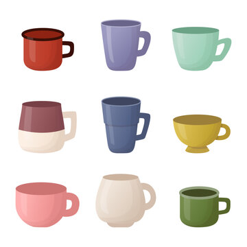 Set of colourful tea coffee mug and cup in flat style isolated on white