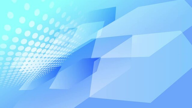 Abstract creative motion hexagon geometric shape and halftone circular pattern on gradient blue background. Video animation Ultra HD 4k footage.