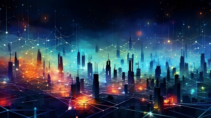 abstract background of the network and electronic symbols, gravity-defying landscape, data visualization, vibrant skyline, realistic usage of light and color. generative AI