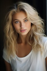Naklejka premium Generative AI : Beauty portrait of caucasian woman with blonde curly hair on beige isolated