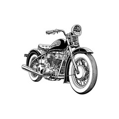 Retro motorcycle, black and white detailed vector illustration isolated without backdrop, chopper. Icon of a stylish vintage motorbike with details for decoration and design without a background	
