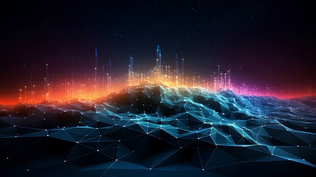 abstract background of the network and electronic symbols, gravity-defying landscape, data visualization, vibrant skyline, realistic usage of light and color. generative AI
