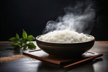 Generative AI : Japanese rice, Cook rice. Close up natural steaming cooked Japanese white rice in black bowl with chopstick on black background