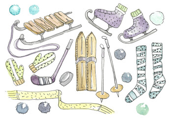 Winter outdoor activities for children. A set of skis, skates and sleds and a pair of long striped golf socks, a scarf and mittens with polka dots in pastel colors. hand drawn watercolor illustration