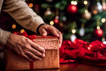 Hands opening a gift with Christmas decoration and out of focus background.