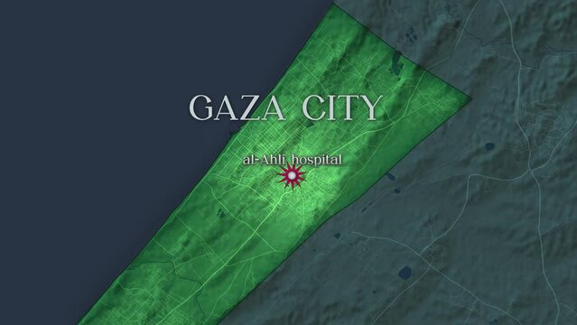 ISRAEL, 2023 OCTOBER - Map of Gaza Strip, zoom-in to al-Ahli Hospital, Gaza City