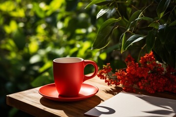 Generative AI : A vibrant red cup with a sturdy handle is poised against a backdrop of lush green leaves