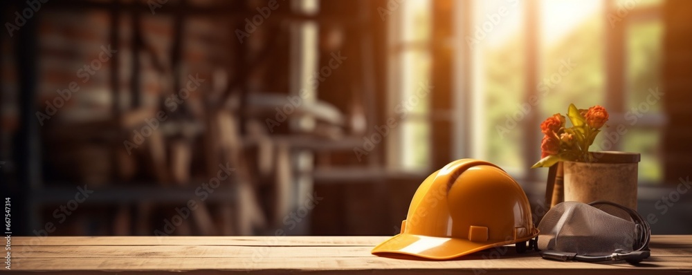 Poster generative ai : helmet in construction site and construction site worker background safety first con
