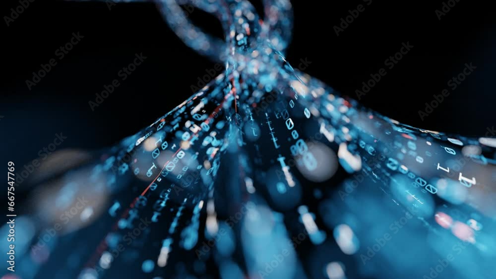 Poster Seamless loop. Abstract wire cable with digital binary data transmitting. Depth of field effect. Inside AI concept. Technology, machine learning, big data, virtualization. Product background