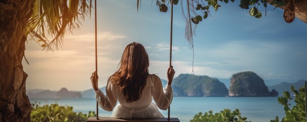 Generative AI : Traveler woman relaxing on swing above Andaman sea Railay beach Krabi