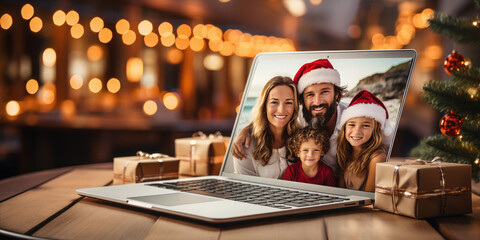 Happy family in Santa hats on laptop video call interface screen. Online Congratulations during the coronavirus.Сhristmas, festivity and modern communication technology. - obrazy, fototapety, plakaty