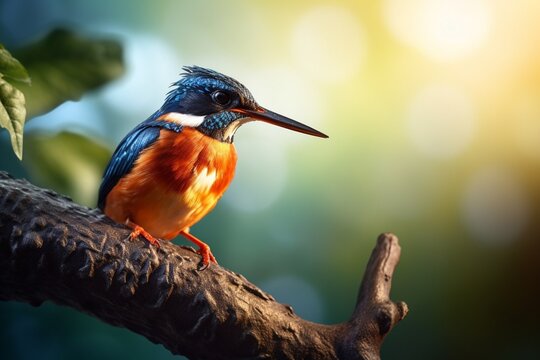 Generative AI : Blue-eared kingfisher wood branch green shallow blurry background river side
