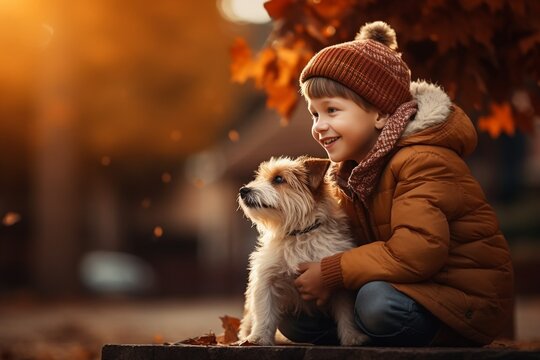 Generative AI : little cute boy playing with his dog fox terrier in the autumn park - Powered by Adobe