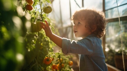 A toddler boy is having fun in a greenhouse. Picking fresh tomatoes, morning lighting