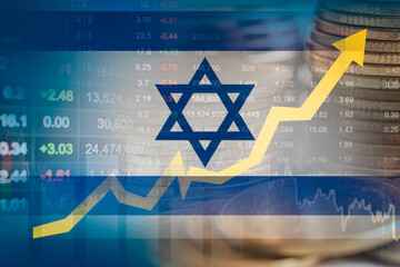 Israel flag with stock market finance, economy trend graph digital technology. - obrazy, fototapety, plakaty