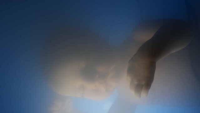 Closeup of sleeping fetus in late development stage floating in lab made amniotic fluid and connected to nutrition system via wires inside artificial womb