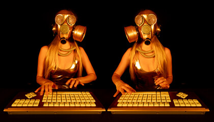 Female with gasmask on computer