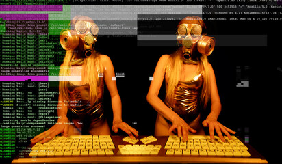 Female with gasmask on computer