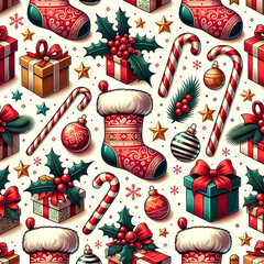 A repetitive pattern for wallpaper showcasing Christmas symbols like stockings, candy canes, mistletoes, and wrapped gifts, harmoniously arranged